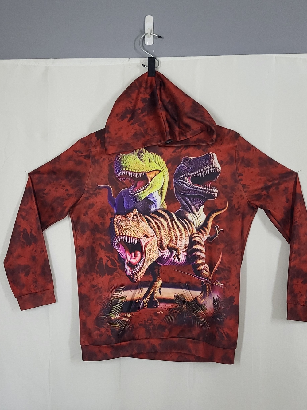 Kids Red Tie-Dye Dinosaur Pullover Hoodie